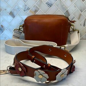 Madewell Brown Leather Crossbody Bag with Canvas & Floral Strap(not Madewell)